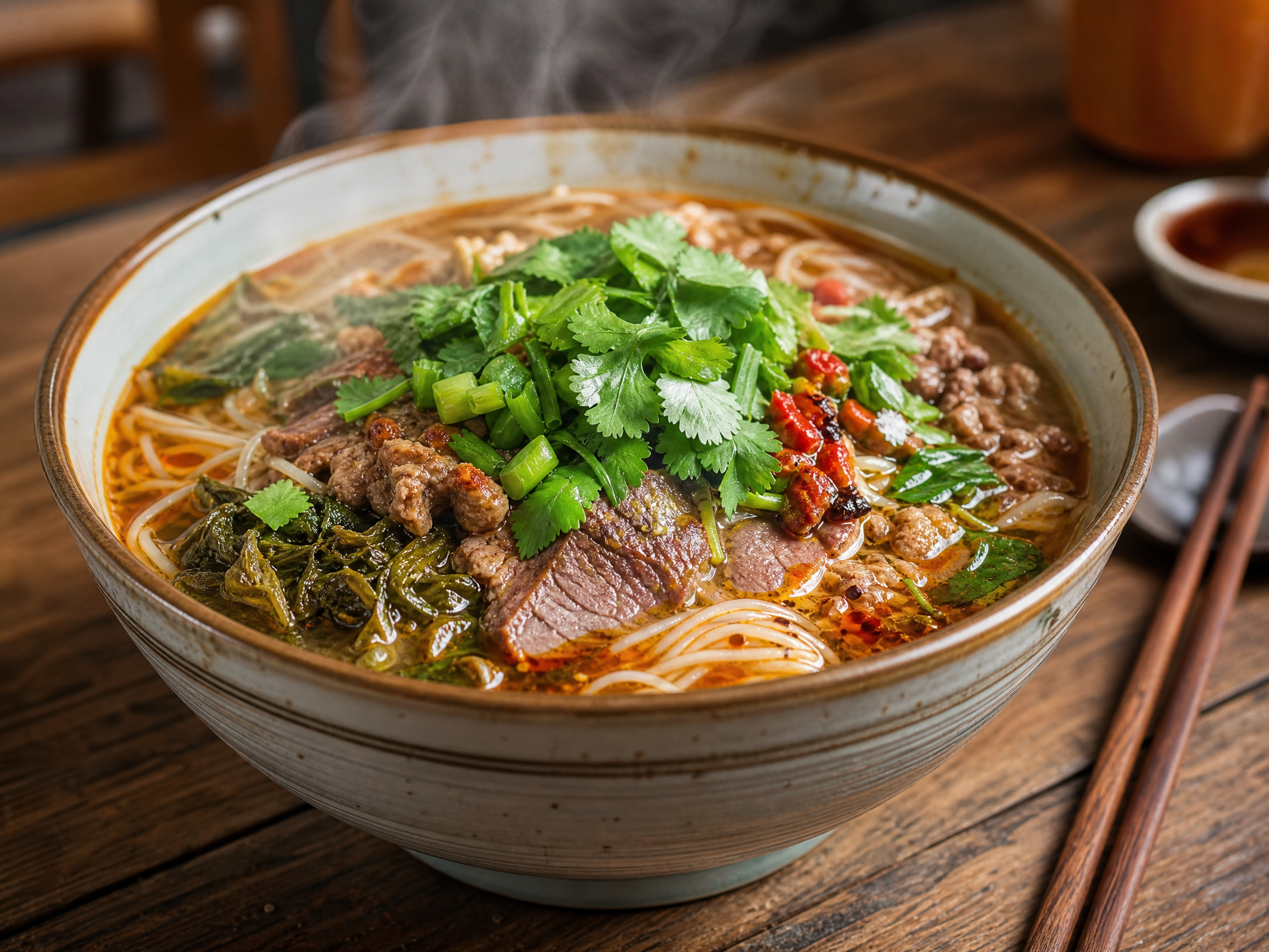 云南小锅米线热腾腾的米线特写